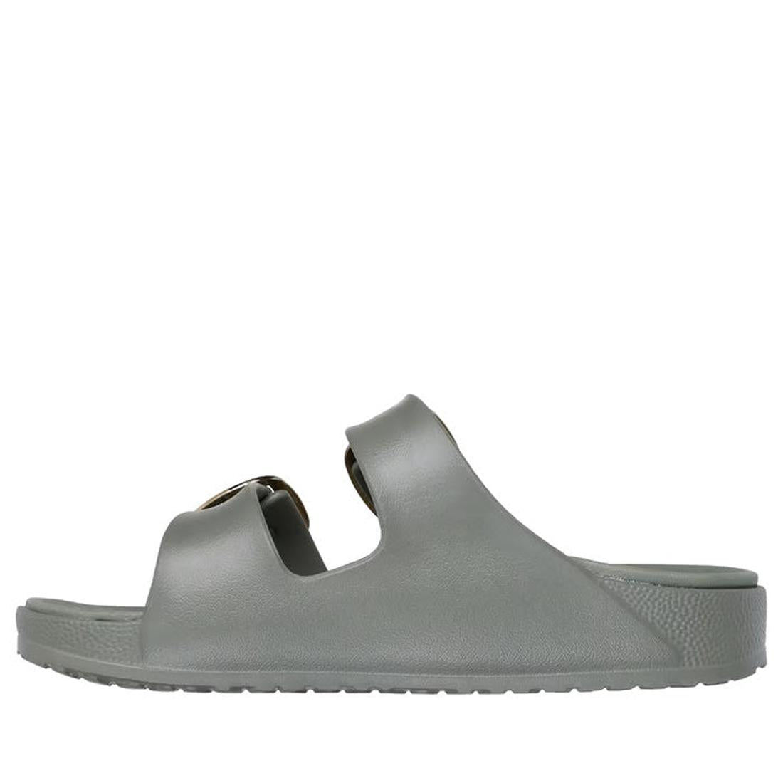 The Skechers Womens Arch Fit Foamies Cali Breeze Gold Star Slide in Olive features a gray contoured footbed, two wide top straps, and a flat sole, shown from the side against a white background., 49594, 197627655543, 197627655550, 197627655567, 1976276555