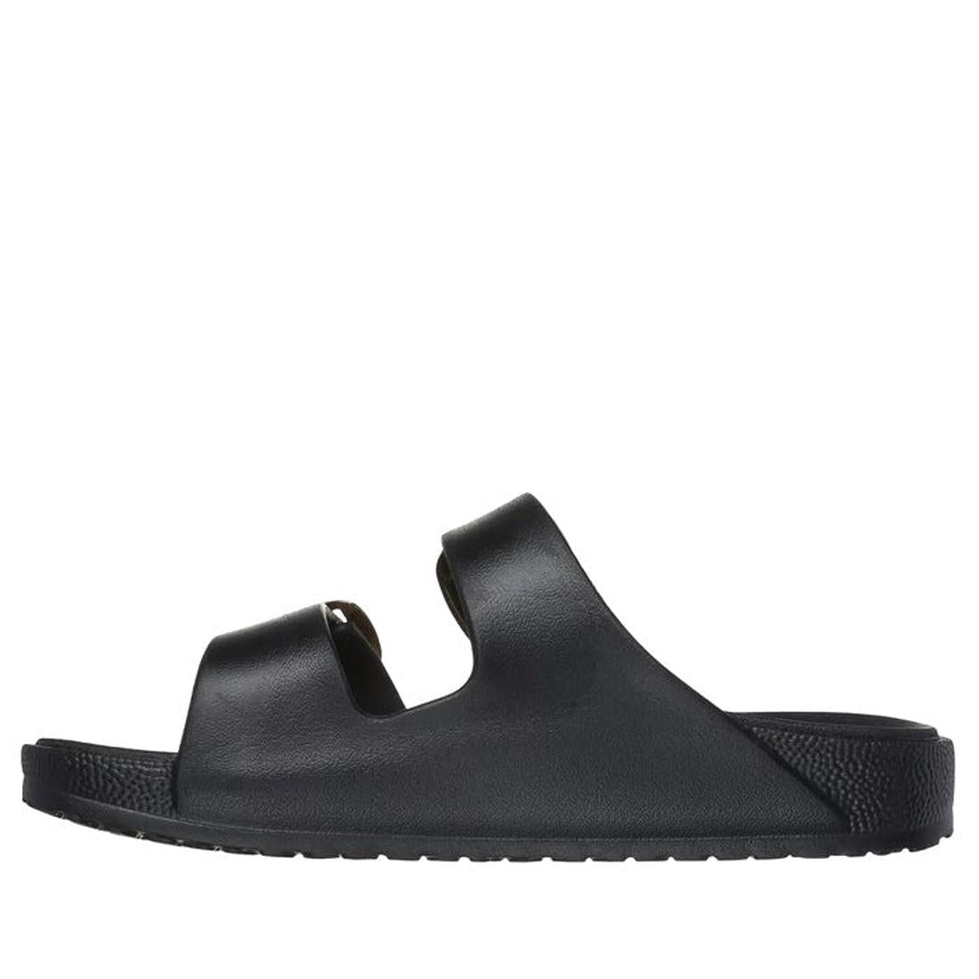 The Skechers Womens Arch Fit Foamies Cali Breeze Gold Star Slide in black features two wide straps and a flat, textured sole for all-day comfort—ideal for cushioned sandal fans. Shown in a side profile on a white background., 49587, 197627436340, 19762743
