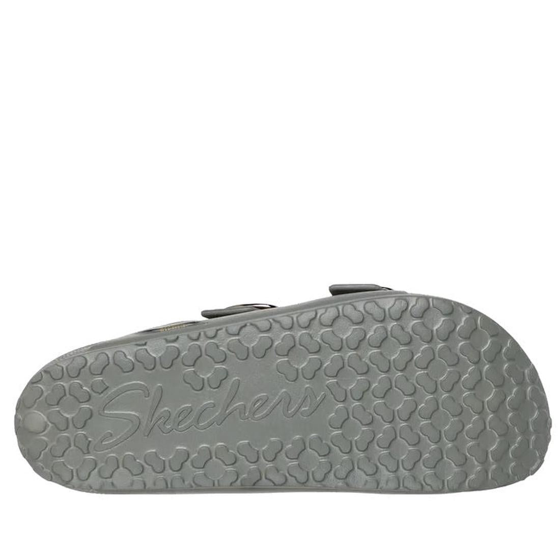 The image shows the bottom sole of the Skechers Womens Arch Fit Foamies Cali Breeze Gold Star Slide Olive, featuring a textured pattern and "Skechers" embossed in the center, highlighting its arch support sandal design., 49594, 197627655543, 197627655550,