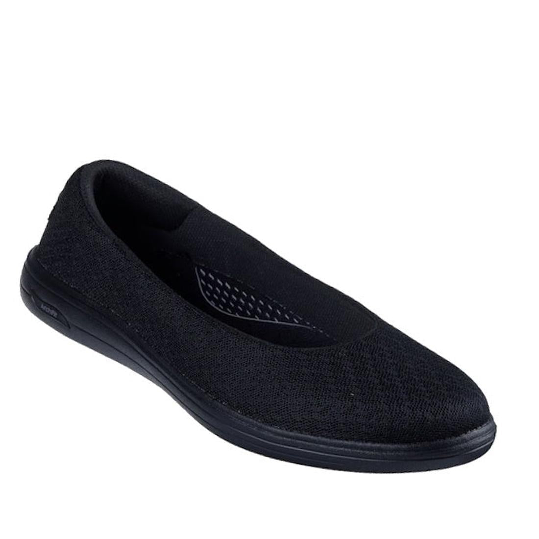The Skechers Arch Fit Inspire Aubrey Black Ballet Flat features a vegan, textured upper, rounded toe, low rubber sole, and cushioned midsole, shown at an angle on a white background.