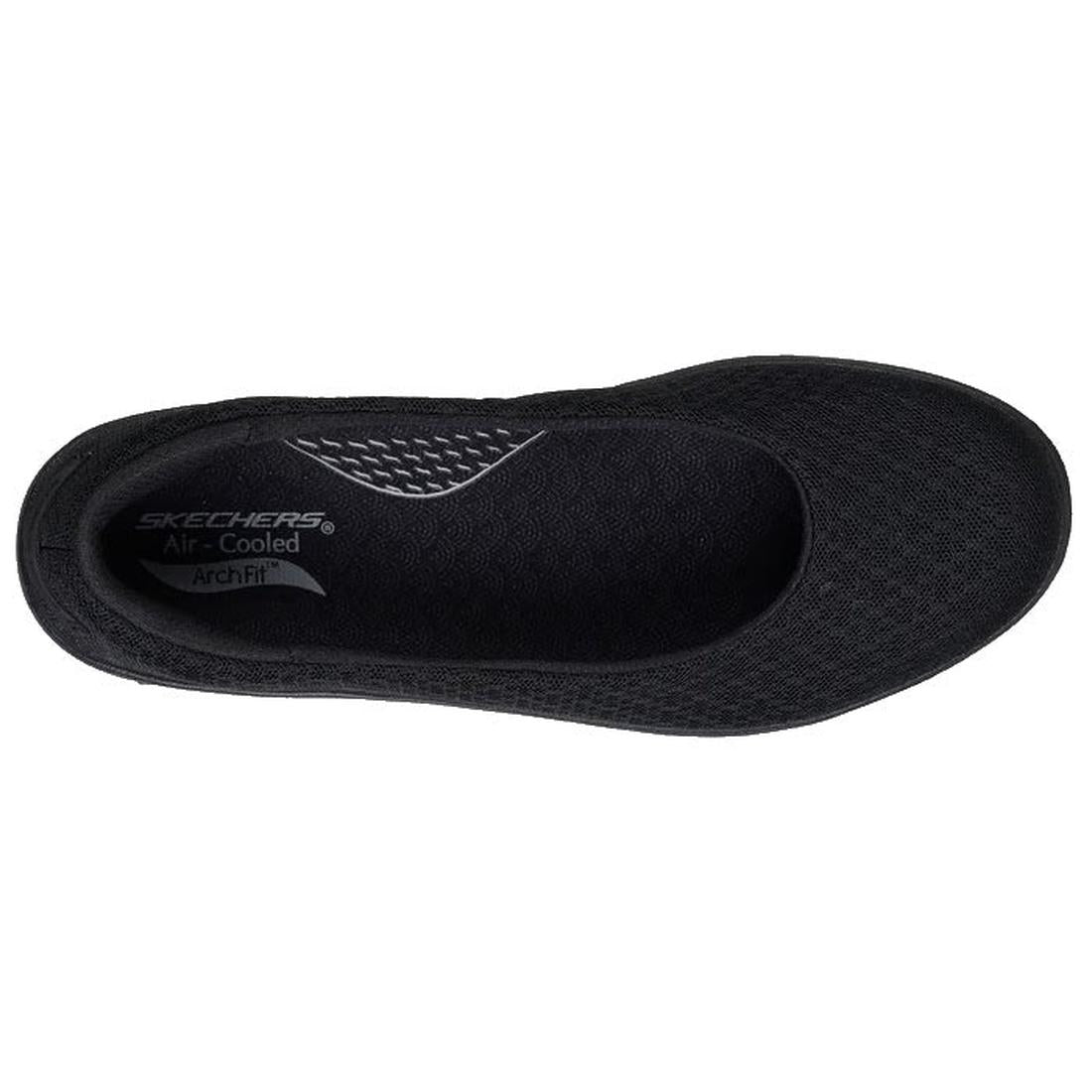 Top view of the Skechers Arch Fit Inspire Aubrey Black Ballet Flat, vegan slip-on with a rounded toe, cushioned midsole, and patterned insole featuring Air-Cooled Arch Fit branding on the heel., 197976550780, 51335, 197976550803, 51337, 197976550827, 5133