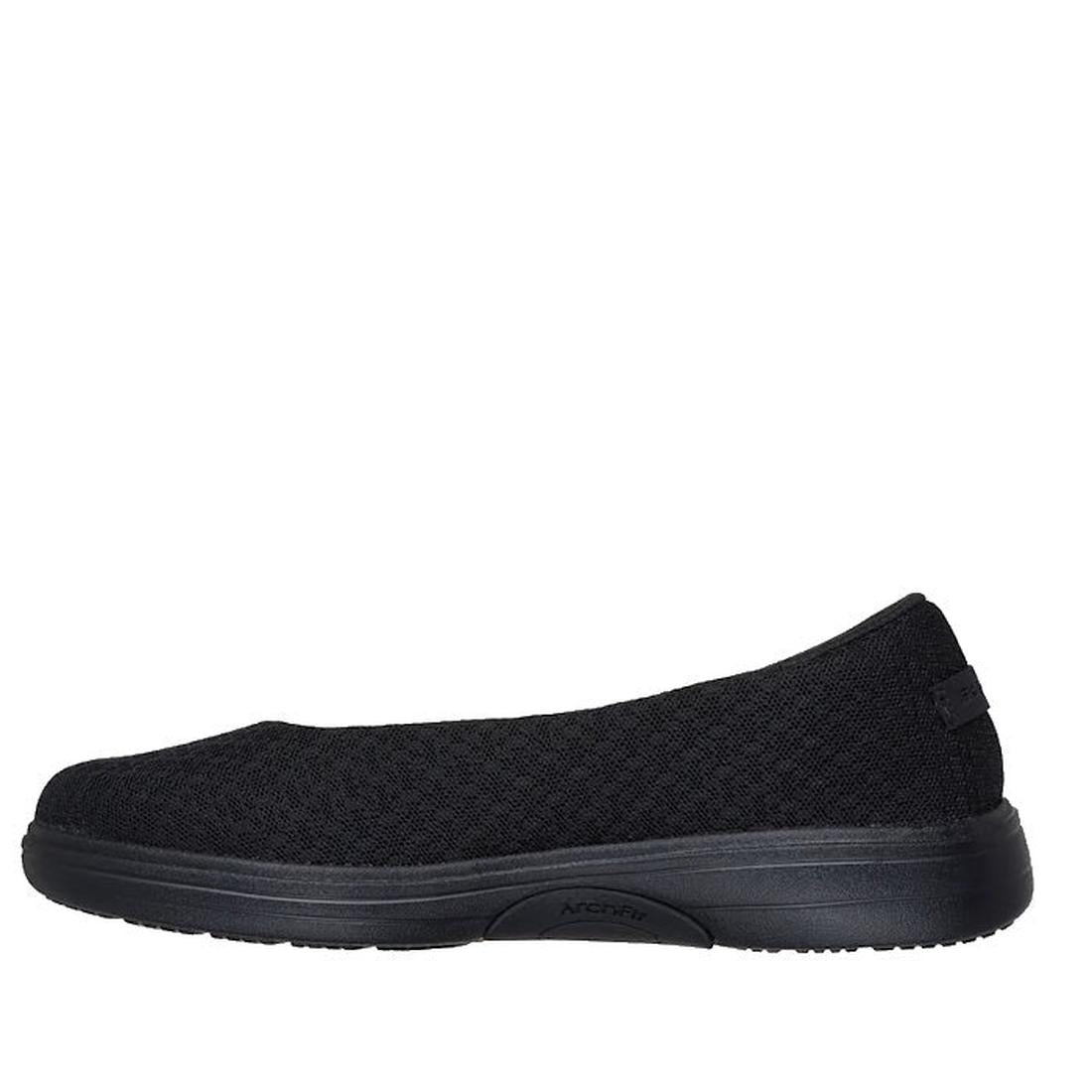 The Skechers Arch Fit Inspire Aubrey Black Ballet Flat features a textured vegan upper, thick cushioned midsole, and Arch Fit support. Shown in side profile on a white background., 197976550780, 51335, 197976550803, 51337, 197976550827, 51339, 19797655084