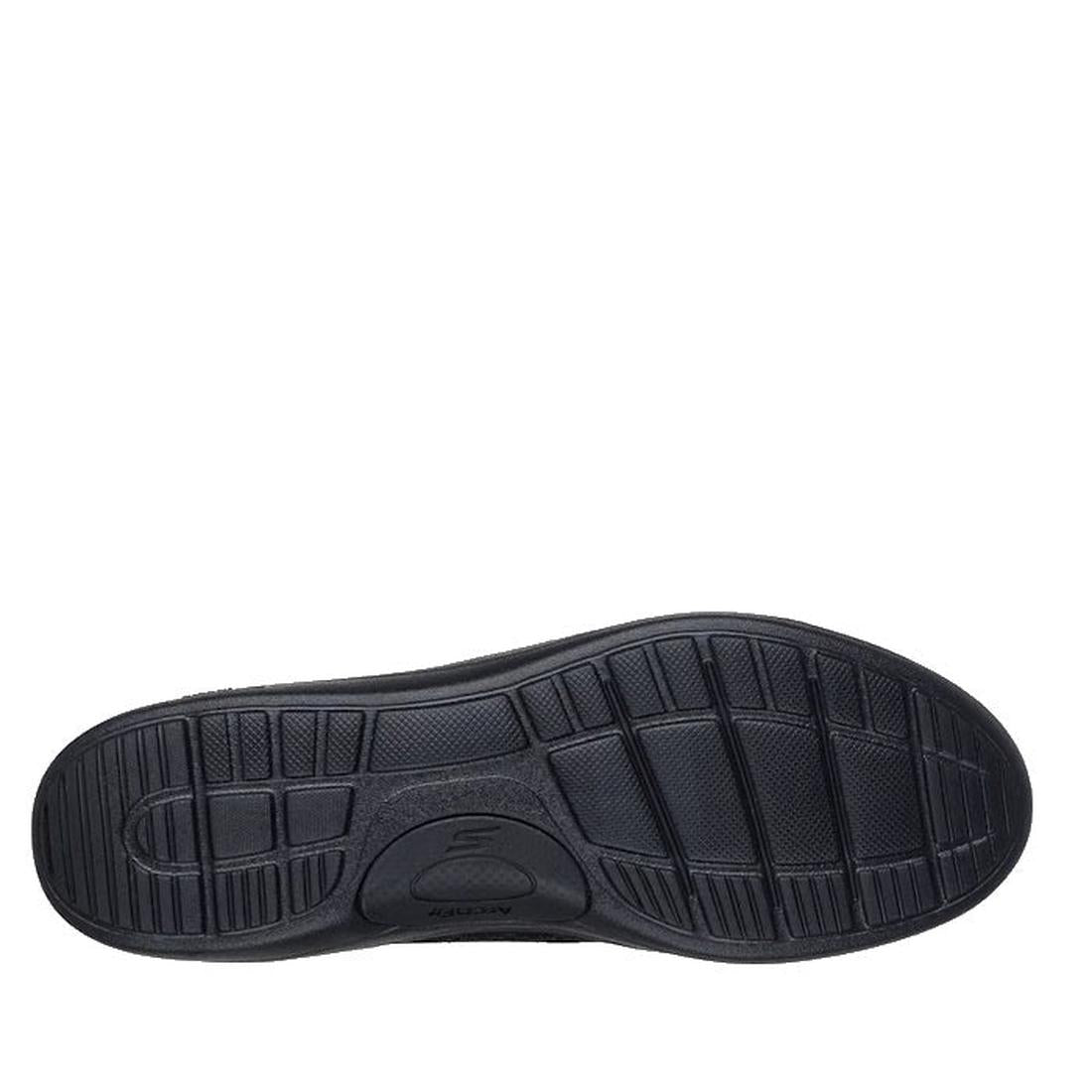 The Skechers Arch Fit Inspire Aubrey Black Ballet Flat features a black rubber sole with textured tread, rectangular and oval shapes, grooves for grip, a central circular design, and a cushioned Arch Fit-inspired midsole for comfort., 197976550780, 51335,