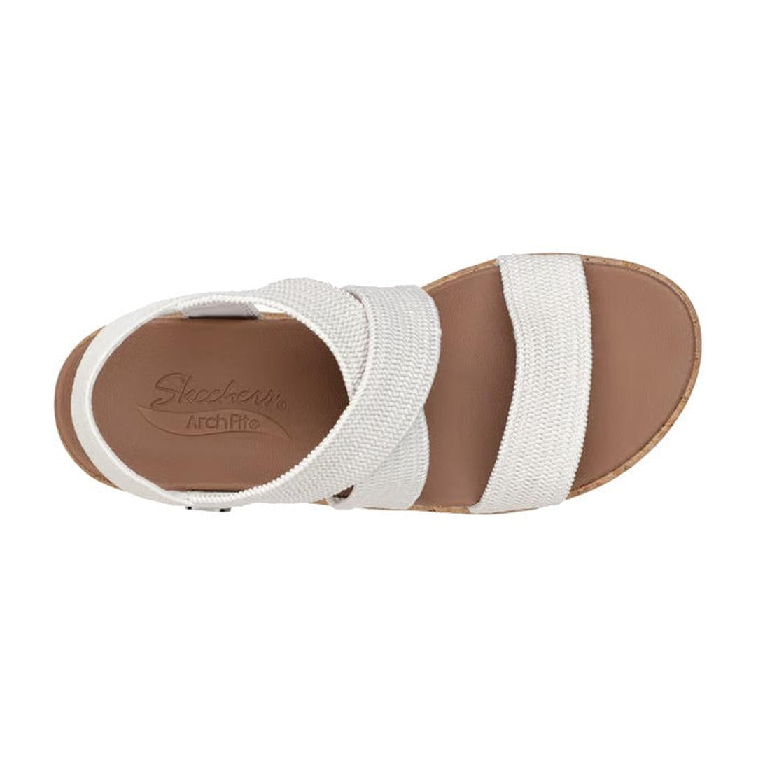 Top view of the Skechers Womens Arch Fit Beverlee Love Stays White Wedge Sandal with a tan memory foam footbed, two wide textured white straps, an ankle strap, and open toe and heel design for stylish comfort., 49607, 195969731529, 195969731543, 195969731