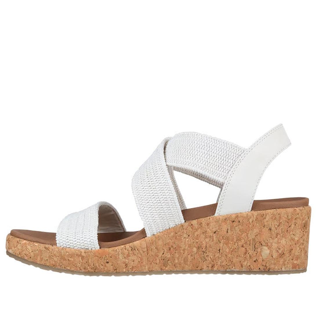 The Skechers Womens Arch Fit Beverlee Love Stays White Wedge Sandal features woven fabric straps, an open toe, medium cork wedge heel, slingback design, and a plush memory foam footbed for comfort., 49607, 195969731529, 195969731543, 195969731567, 1959697