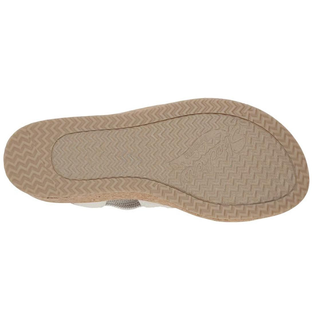 Beige sole with herringbone tread, subtle embossed writing, and textured edge for grip, designed for comfort in the Skechers Womens Arch Fit Beverlee Love Stays White Wedge Sandal., 49607, 195969731529, 195969731543, 195969731567, 195969731581, 1959697315