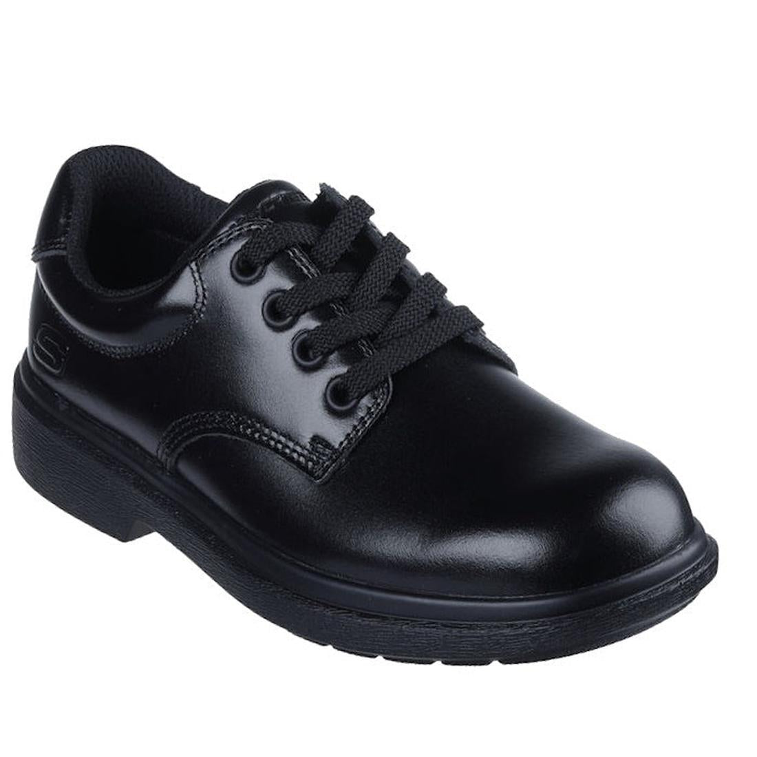 The Skechers Smooth Tracks Black School Shoe Lace Ups feature a black leather upper, rounded toe, and textured rubber sole, offering comfort and durability for school.