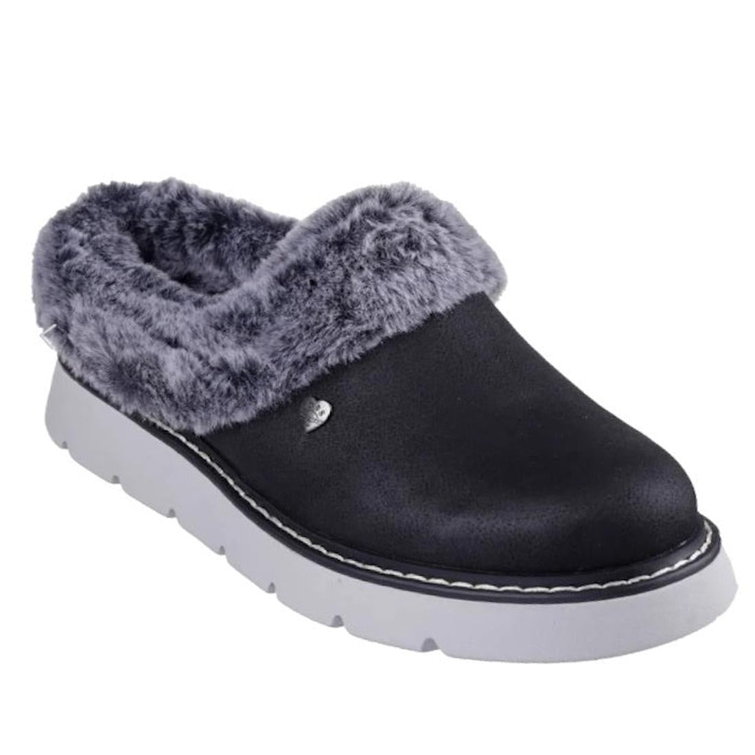 Skechers Bobs Keepsakes Lite Cozy Blend Slipper Black, cozy black slip-on with soft gray faux-fur lining, memory foam, white sole.  ksnz