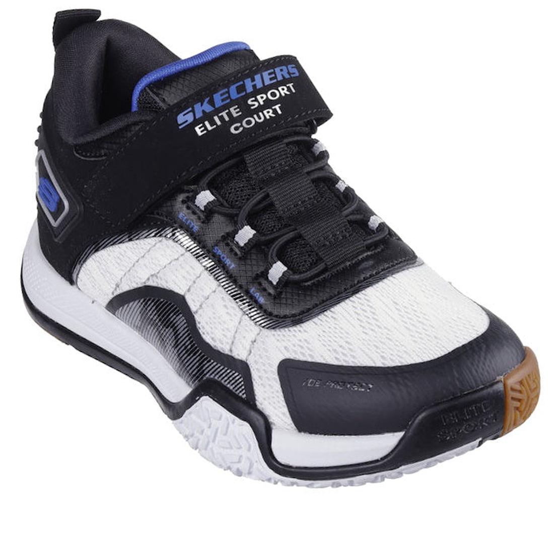 The Skechers Boys Elite Sport Court Black/White sneakers feature a Velcro strap, laces, mesh upper, ankle support, and a textured rubber sole—ideal for multi-court athletic performance.