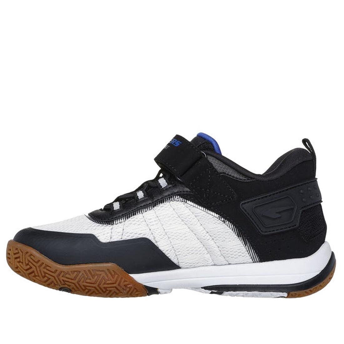 The Skechers Boys Elite Sport Court Black/White features a white and black low-cut multi-court design, brown textured sole, black laces, a black Velcro strap, and blue inner lining—perfect for athletic performance., 197976521667, 197976521681, 19797652170