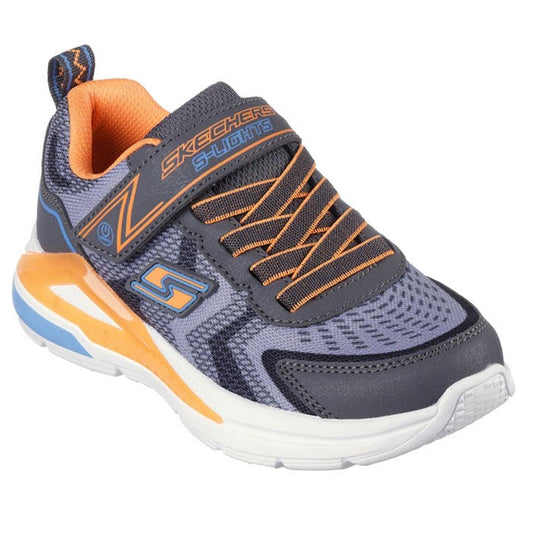 Skechers Boys Light Ups SLights Tri-Namics: sporty grey and orange sneakers with mesh, elastic laces, Velcro strap, and light-up soles.  ksnz