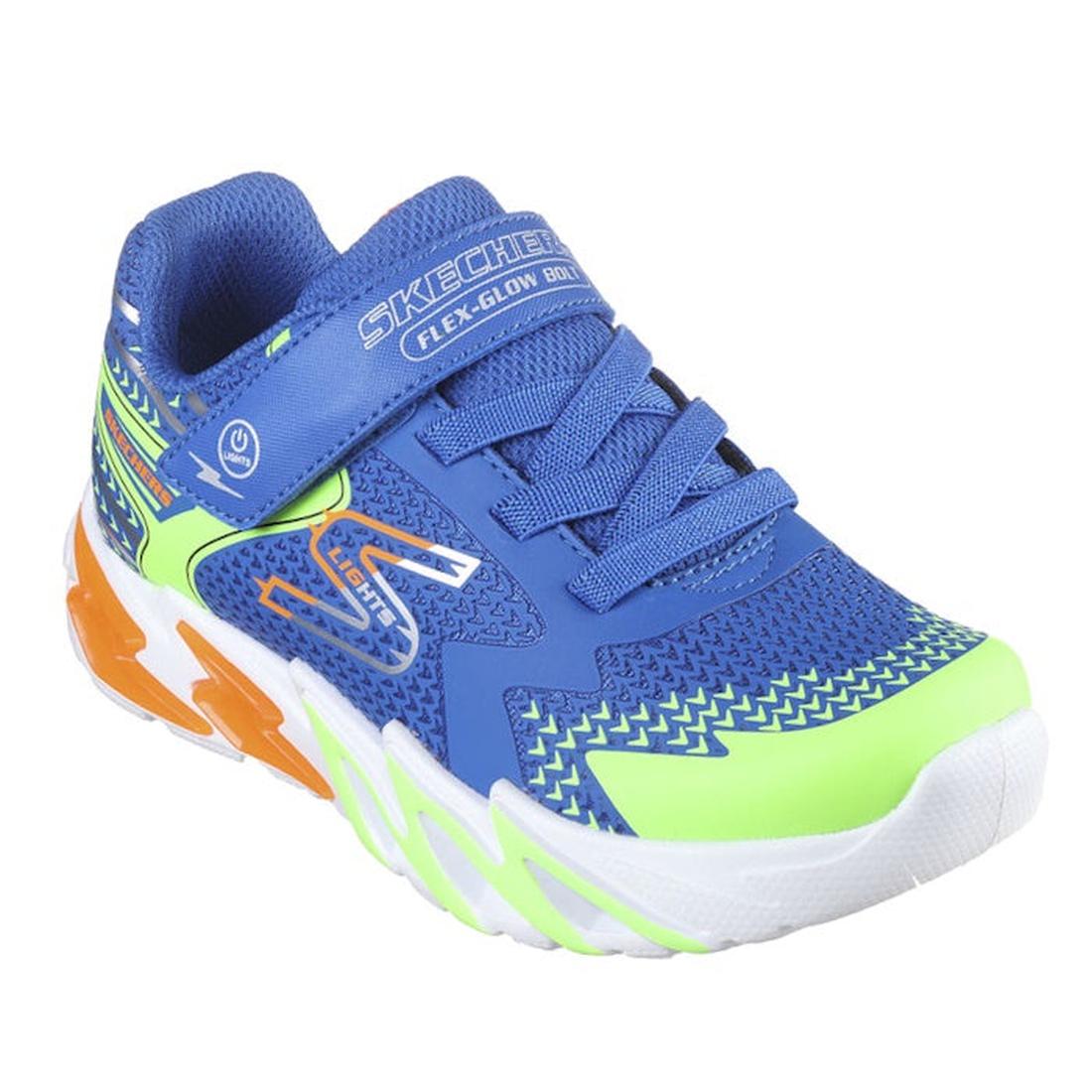 Skechers Boys Light Ups S Lights Flex Glow Bolt Blue: comfy blue sneakers with neon accents, secure strap, elastic laces, white sole.  ksnz