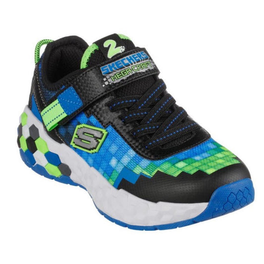 Skechers Kids Mega Craft 2.0 sneaker blends blue and lime shades, pixel details, an easy velcro strap, comfy foam, and bold sole.  ksnz