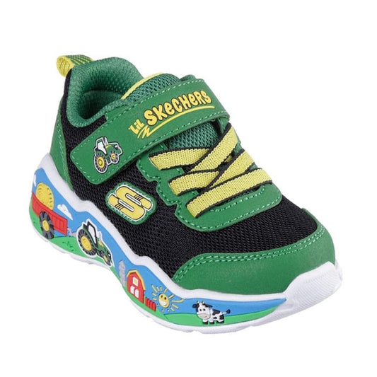Skechers Kids Toddlers John Deere Trainers are bright green sneakers with farm graphics, yellow laces, and a fun animal-print sole.  ksnz