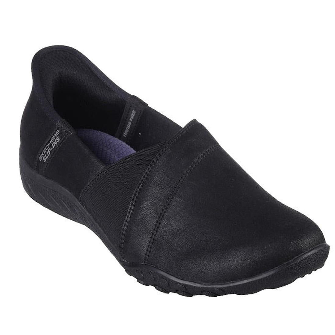 The Skechers Womens Slip Ins Breathe Easy My Love in black features a round toe, slight heel, elastic sides, Air-Cooled Memory Foam for comfort, a smooth finish, and a subtle side logo for casual style.