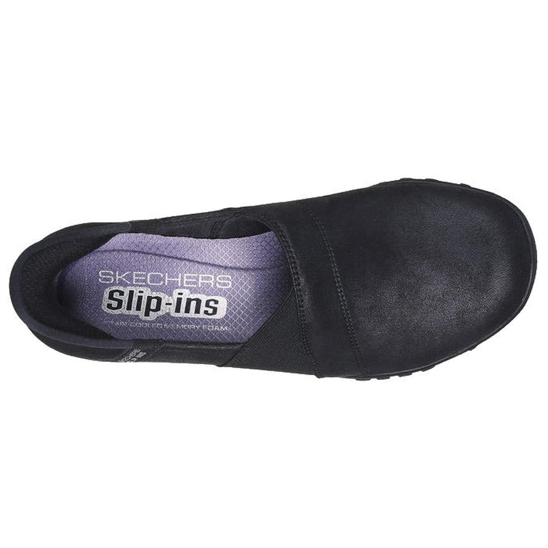 Top view of the Skechers Womens Slip Ins Breathe Easy My Love in black, featuring a purple insole with Skechers and Slip-ins logos. This Relaxed Fit casual shoe has Air-Cooled Memory Foam and a rounded toe for comfort., 196989676425, 196989676449, 1969896