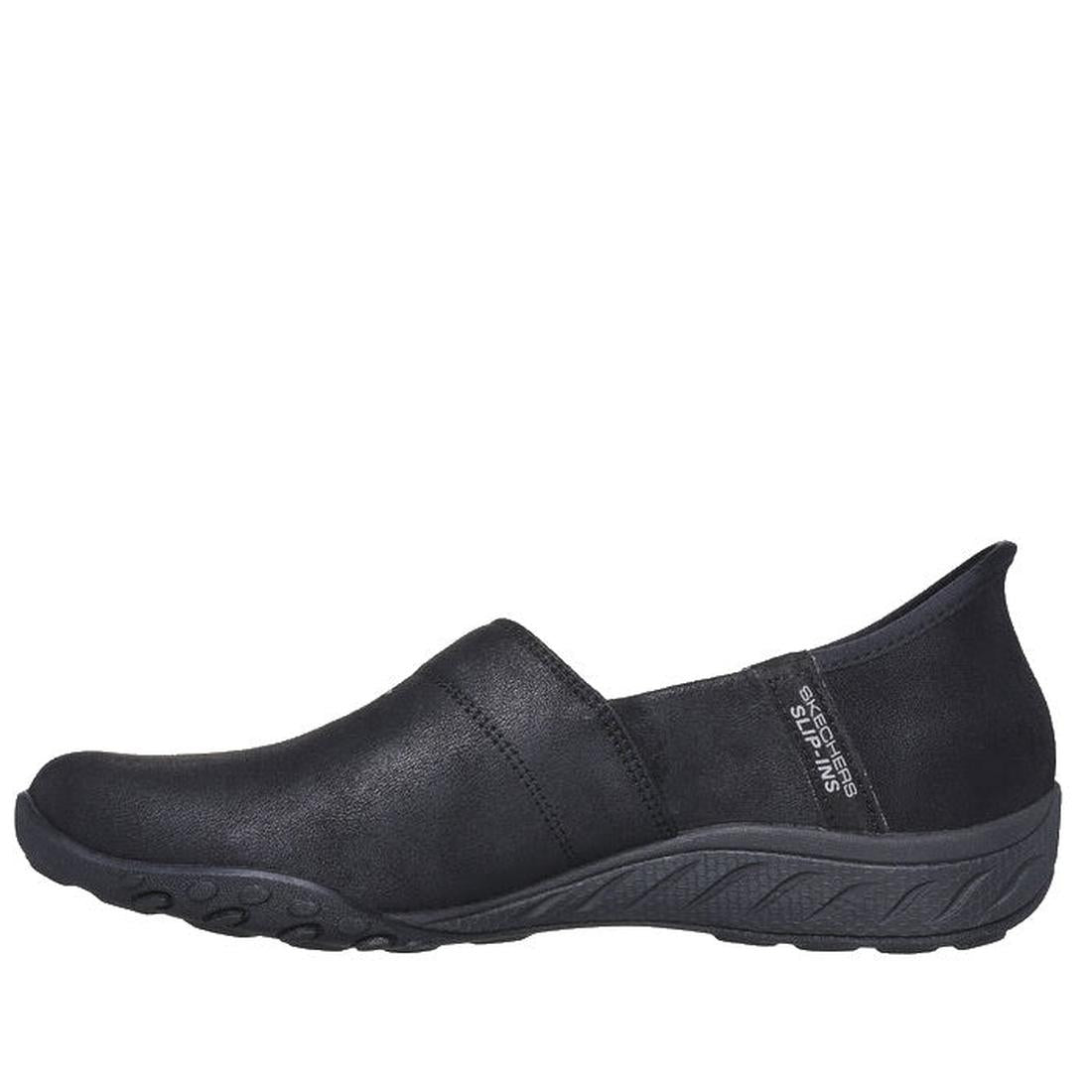 The Skechers Womens Slip Ins Breathe Easy My Love - Black features a smooth upper, subtle stitching, SKECHERS SUPRIS branding on the heel, a textured sole with slight arch support, and Air-Cooled Memory Foam. Shown in side profile., 196989676425, 19698967