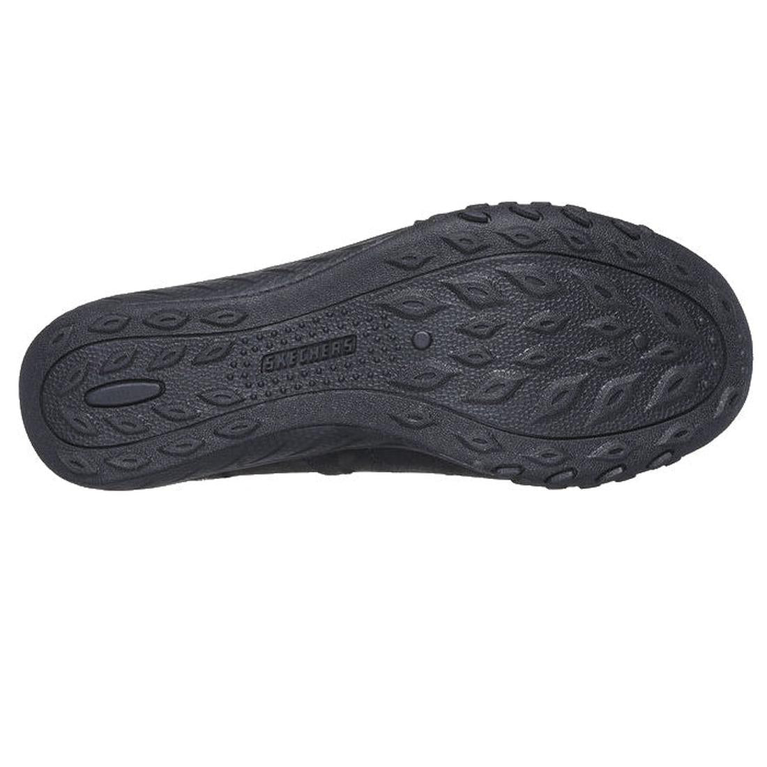 The Skechers Womens Slip Ins Breathe Easy My Love - Black features a black rubber sole with an intricate leaf-like tread, Skechers logo at the center, and textured grip for comfort and traction. Shown against a white background., 196989676425, 19698967644