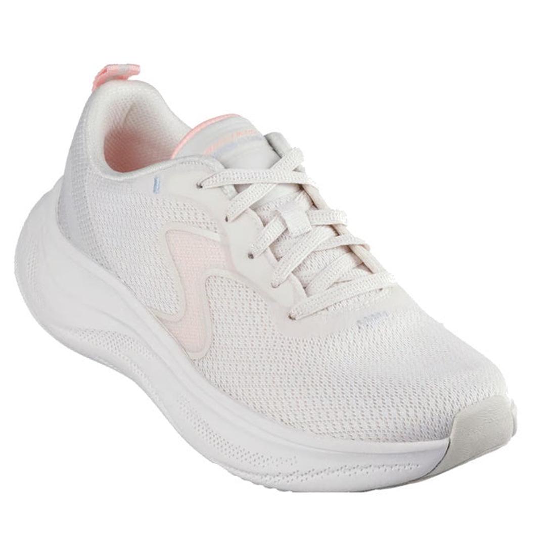 White running shoe with pink accents on a white background