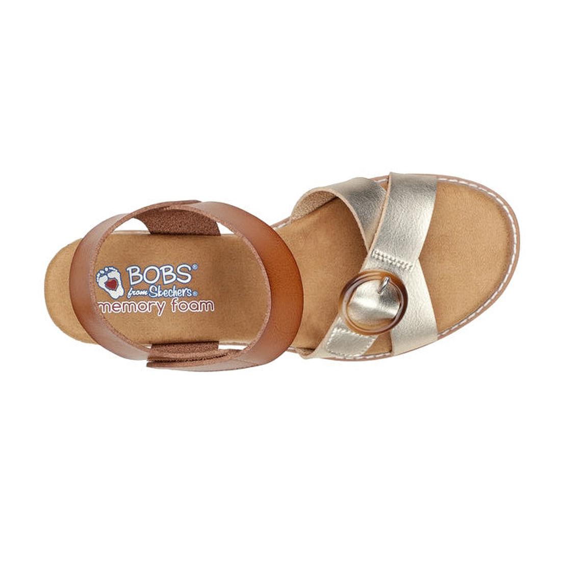 A top view of Skechers Bobs Womens Desert Kiss Hi Divine Garden Champagne Tan sandals with tan and metallic straps, a round buckle, vegan materials, and a cushy memory foam footbed., 195969581407, 40918, 195969581414, 40920, 195969581421, 40922, 195969581
