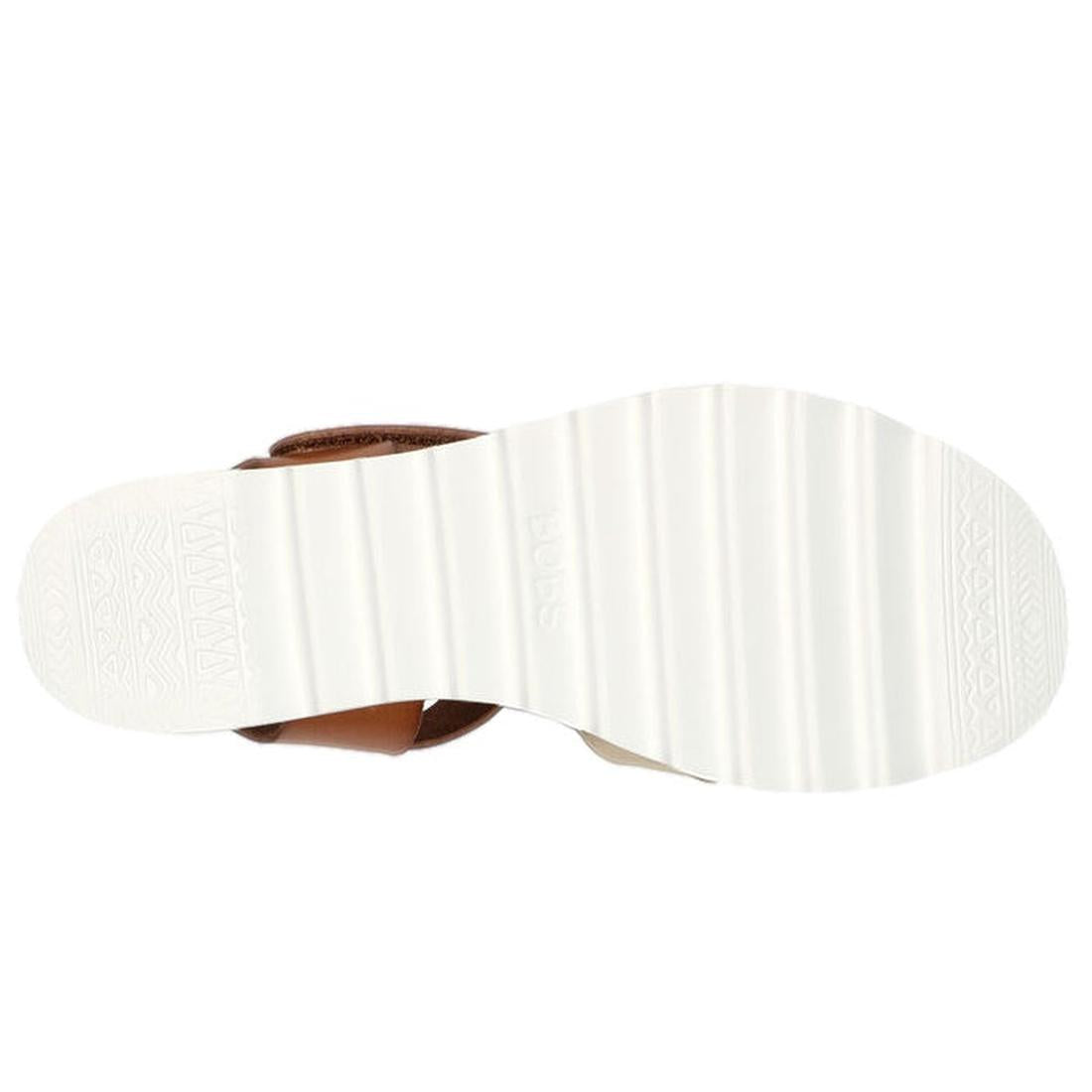 The image shows the bottom view of the Skechers Bobs Womens Desert Kiss Hi Divine Garden Champagne Tan sandal, featuring a white, ridged sole with subtle geometric patterns on the heel area., 195969581407, 40918, 195969581414, 40920, 195969581421, 40922, 