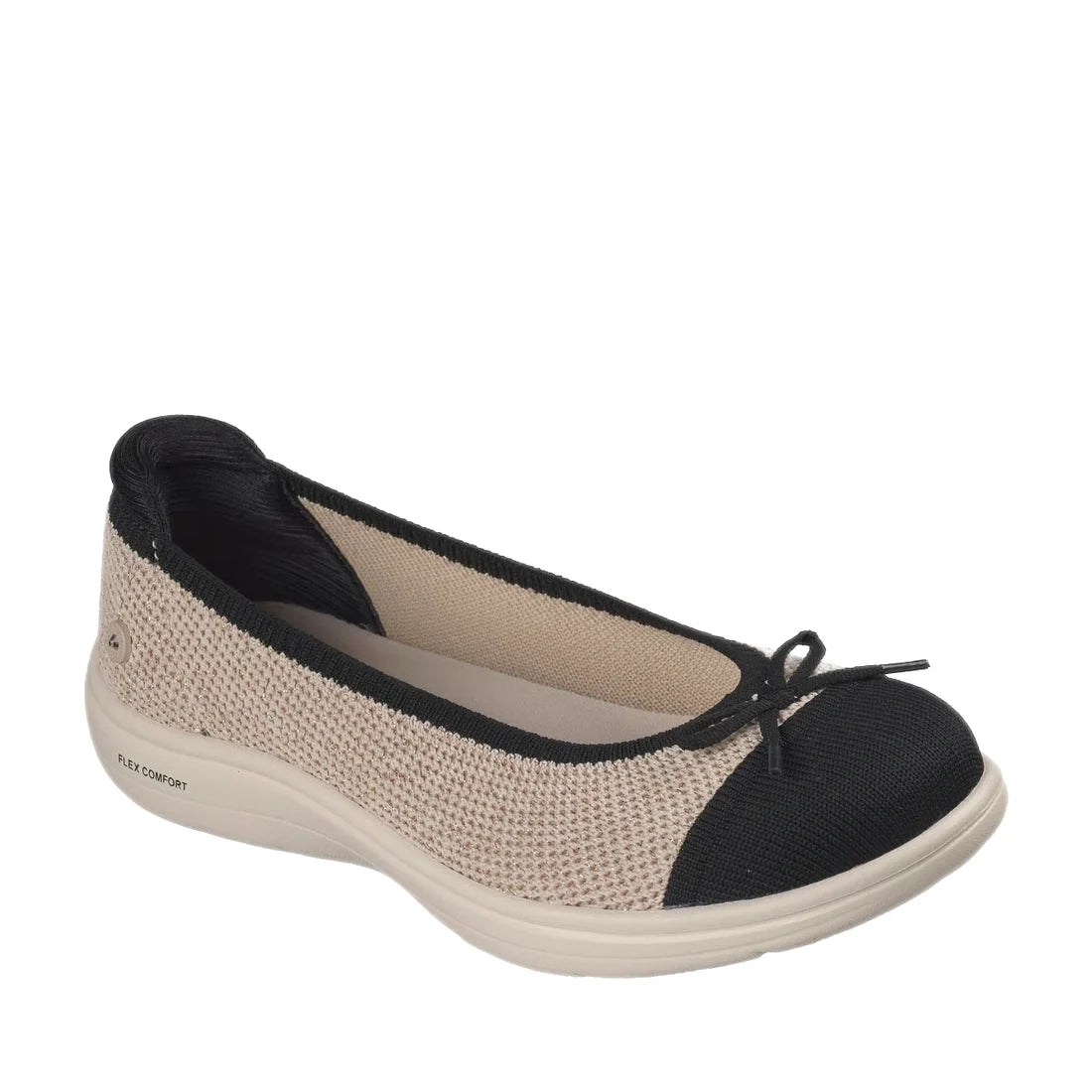 The Skechers Ballet Flat On The Go Flex Radiant Bow Tique Natural Black is a beige and black vegan slip-on ballet flat featuring a knit-like texture, a small bow on the toe, and a white sole. Part of the Skechers ballet flats collection, it is designed fo
