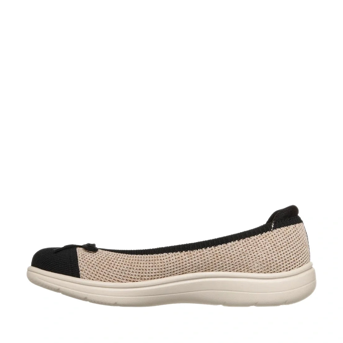 Introducing the Skechers Ballet Flat On The Go Flex Radiant Bow Tique in Natural Black: a beige vegan ballet skimmer featuring a black toe cap and black heel, textured knit upper, Air-Cooled Goga Mat insole for all-day comfort, and finished with a white r