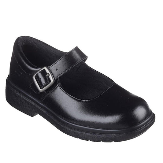 The Skechers Girls Mary Jane Smooth Tracks Black School Shoe features a low heel, rounded toe, adjustable instep strap with silver buckle, and Air-Cooled Memory Foam for all-day comfort.