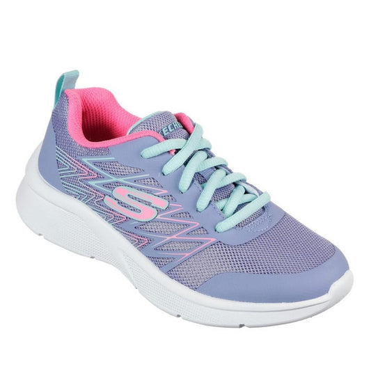 Skechers Kids Microspec - Bright Runner Lace Up Pink is a purple mesh sneaker with mint laces, pink details, and comfy white sole.  ksnz