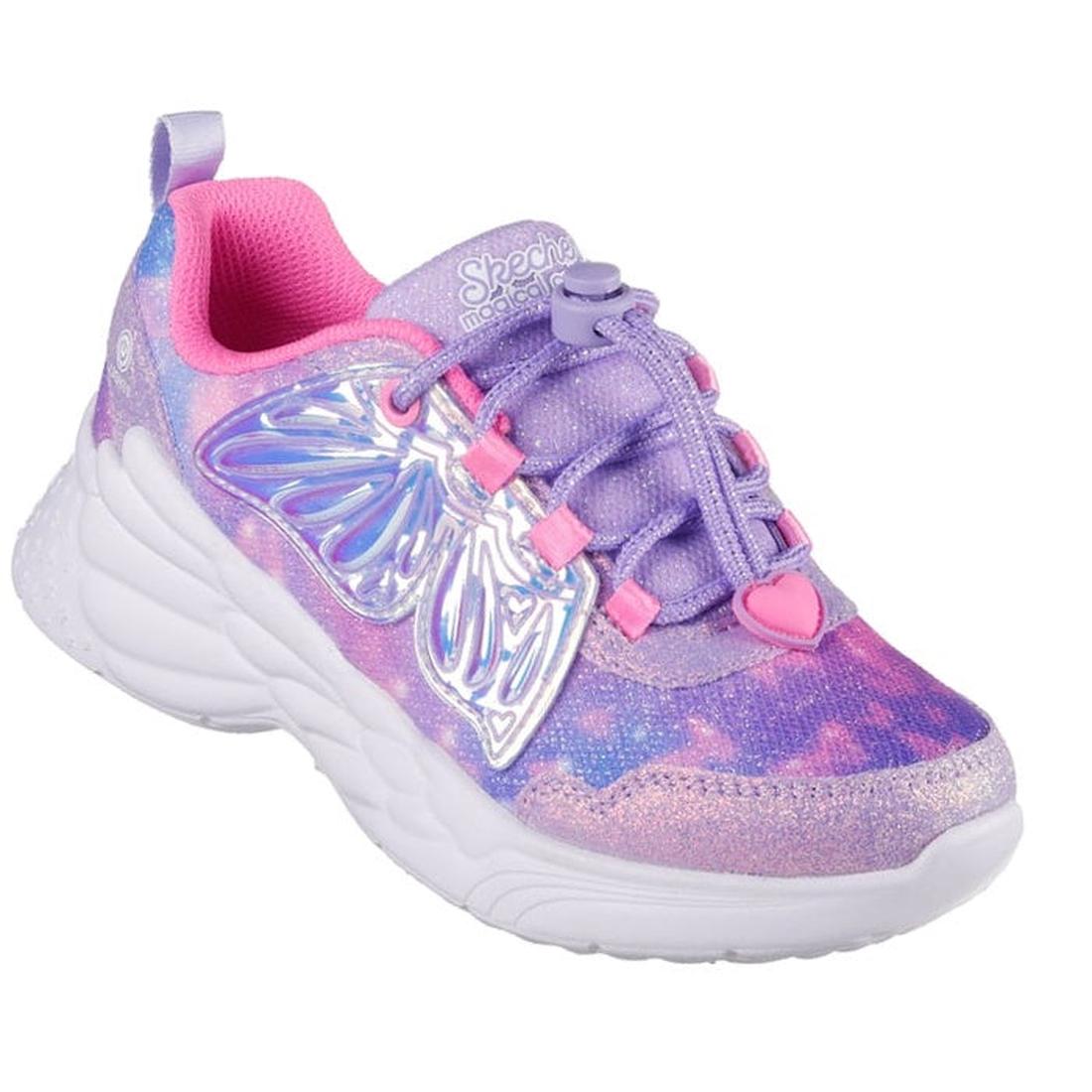 The Skechers Girls Light Ups Dream Racer Wings Lavender Pink features a colorful purple, pink, and blue design with shiny accents, butterfly wing detail on the side, elastic laces, and a chunky white sole.