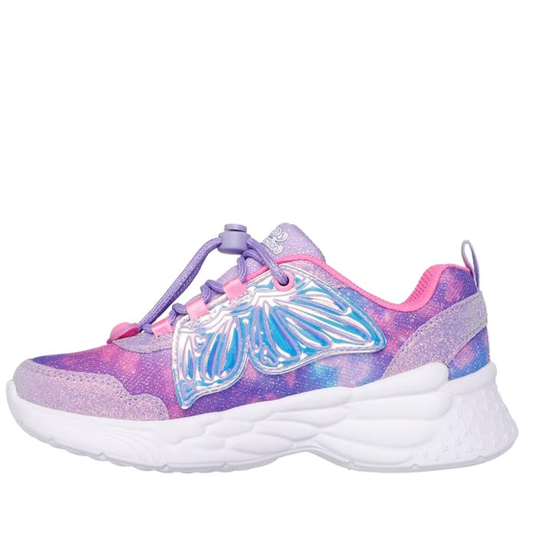 The Skechers Girls Light Ups Dream Racer Wings Lavender Pink features a chunky white sole, purple and pink gradient upper, shiny iridescent butterfly wing detail, lilac elastic laces, and light-up soles that make every step sparkle., 198376663322, 1983766