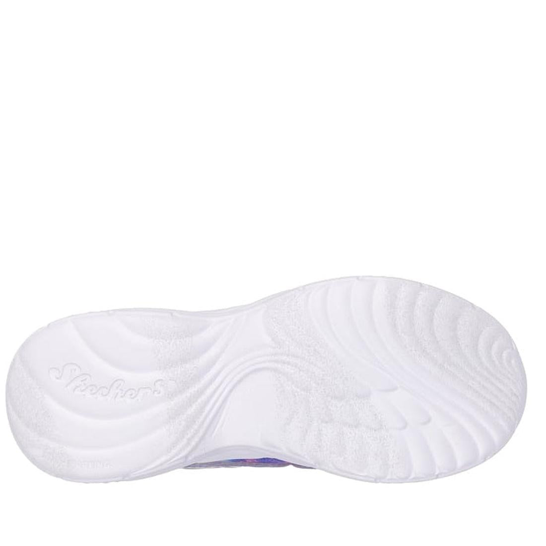 A white rubber sole with textured grip and "Skechers" on the heel, designed for Skechers Girls Light Ups Dream Racer Wings Lavender Pink from the Magical Collection., 198376663322, 198376663346, 198376663360, 198376663384, 198376663407, 44527, 44528