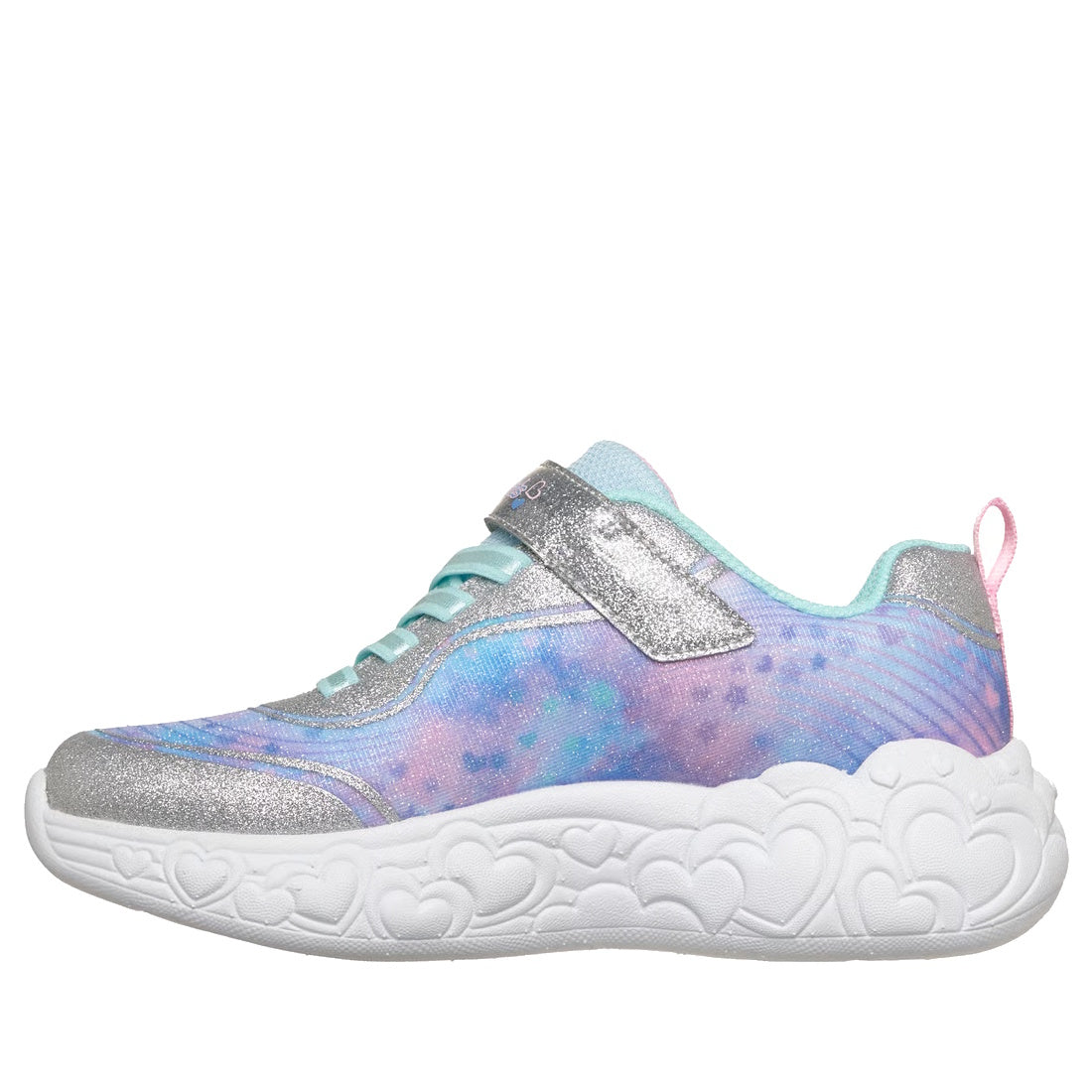 The Skechers S Lights Eternal Heart Lights Trainer Silver Multi is a colorful girls’ sneaker with a shimmery toe, heel, and strap, pastel blue laces, purple and blue upper, thick white sole with embossed hearts—and light-up fun!., 199252158154, 1992521581