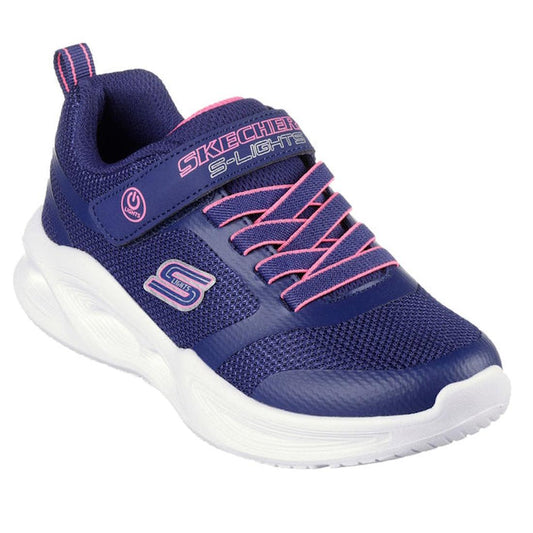 Skechers Girls Light Ups Sola Glow SLights Navy sneakers with pink laces, easy hook-and-loop strap, and glittery light-up sole.  ksnz