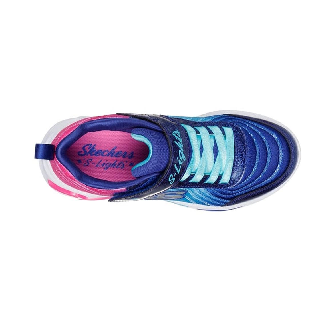 Top view of Skechers Girls Light Ups - Wavy Beams Ombre Express Navy Multi, featuring a blue and teal upper, turquoise laces, pink interior, and a hook-and-loop strap labeled S Lights for that signature lighted sneaker style., 44516, 197976390843, 1979763