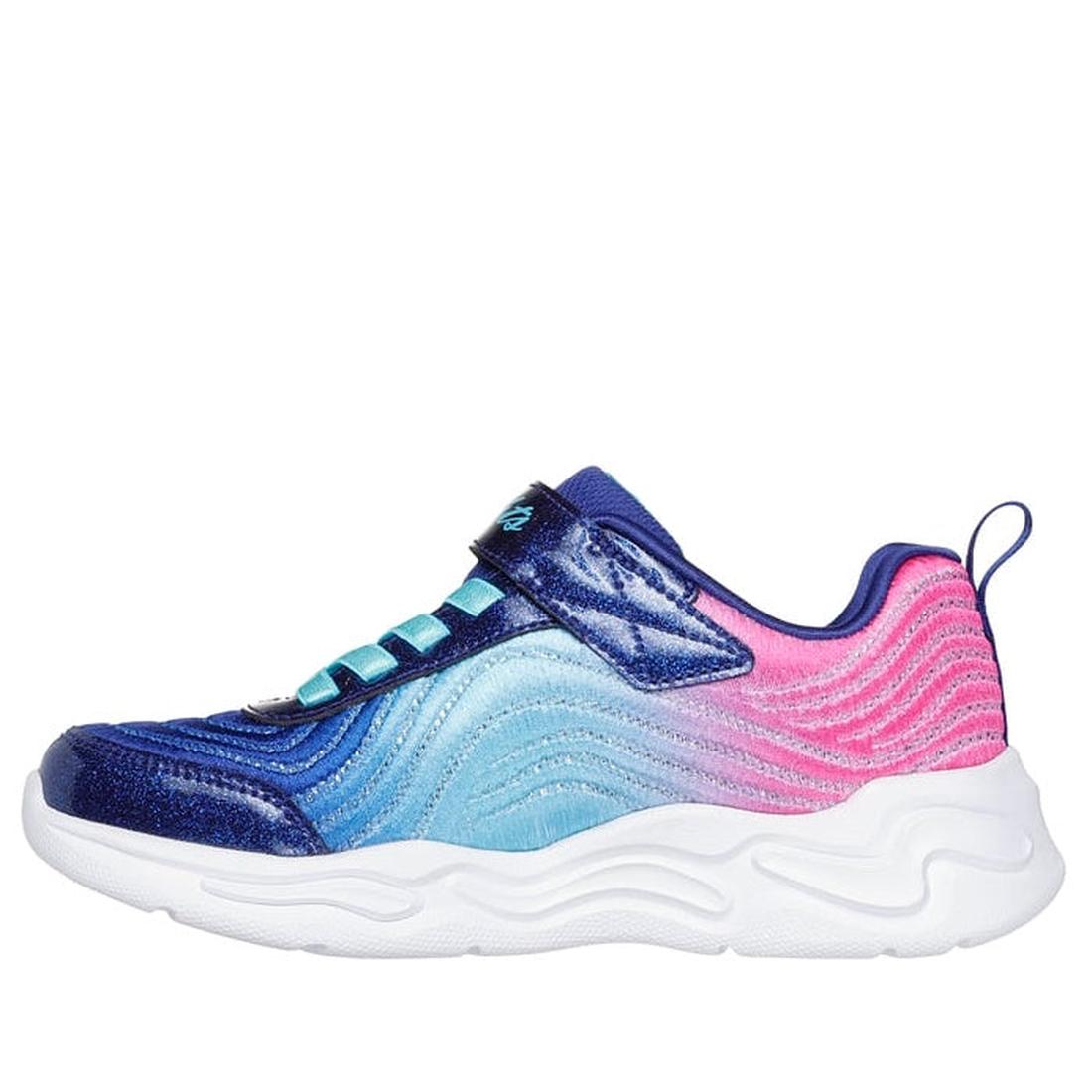 The Skechers Girls Light Ups - Wavy Beams Ombre Express Navy Multi features a vibrant ombre wavy design in blue, turquoise, and pink, a blue strap with laces, and a thick white textured sole—ideal for fans of light-up trainers., 44516, 197976390843, 19797