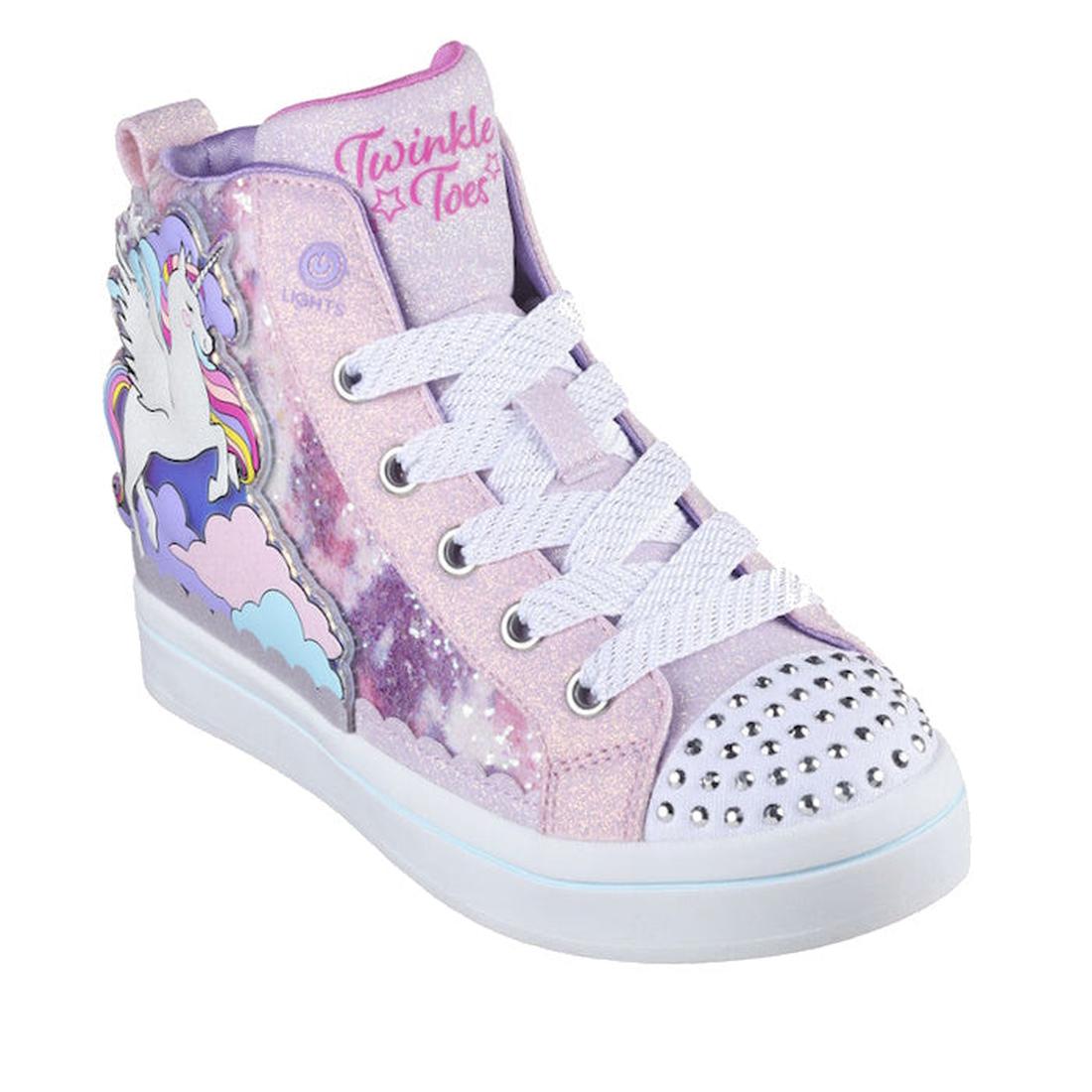Skechers Twi Lites 2.0 Light Ups Boots Enchanted Pink: pastel pink-purple high-tops with white laces, sparkly toe, and unicorn.  ksnz