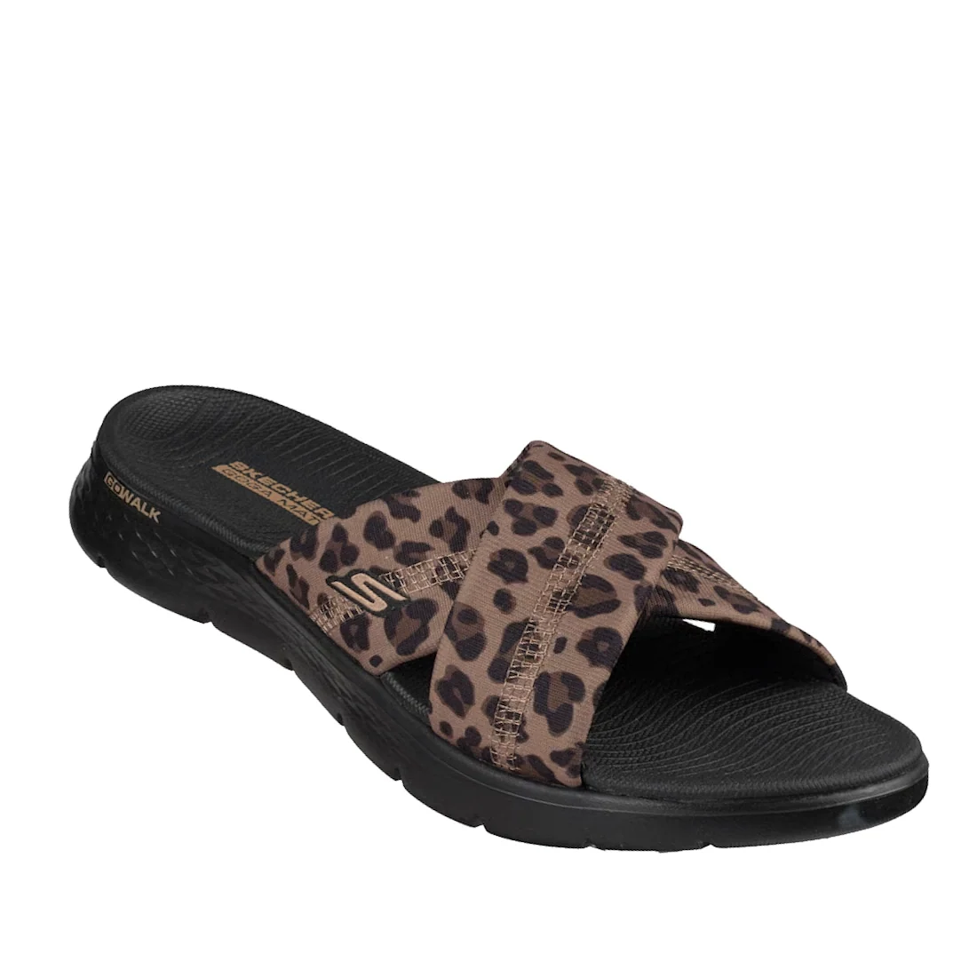The Skechers GO WALK Flex Sandal Kat Slide in Black Leopard features a crisscross fabric strap in a black leopard print design, a contoured Memory Foam footbed for added comfort, and Skechers branding displayed on the upper strap.