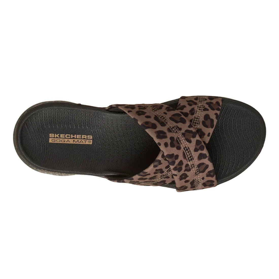 Top view of the Skechers GO WALK Flex Sandal Kat Slide in Black Leopard, featuring stylish brown and black leopard print crisscross straps. The insole displays “Skechers Goga Mat” in gold lettering atop a comfortable Memory Foam footbed. This sandal boast