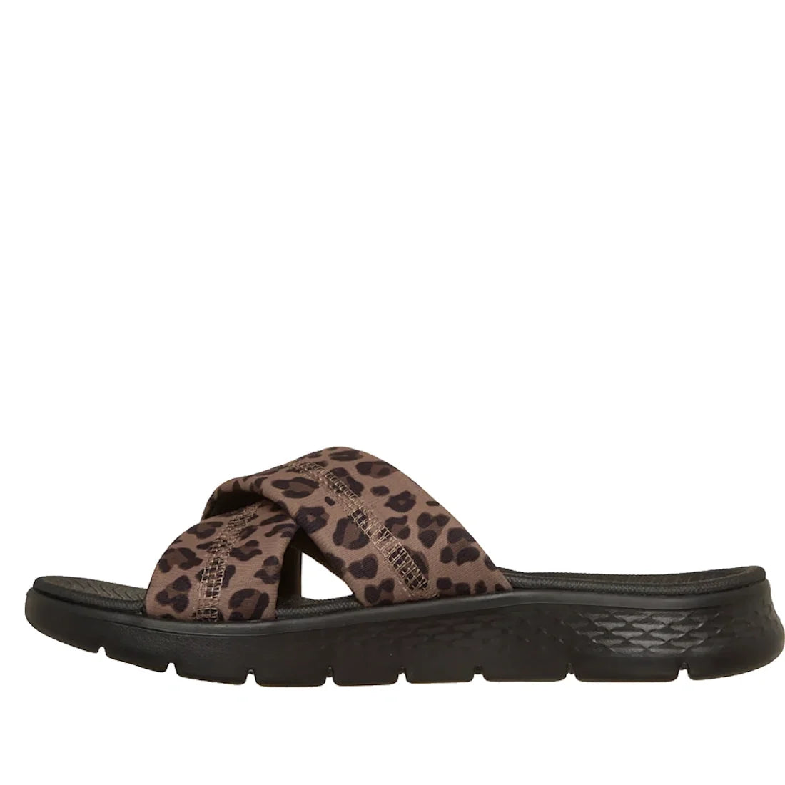 The Skechers Go Walk Flex Sandal Kat Slide Black Leopard is a stylish sandal with a thick black sole and crisscross brown fabric straps adorned with a black leopard print pattern, shown from the side on a white background. Featuring a comfortable Memory F