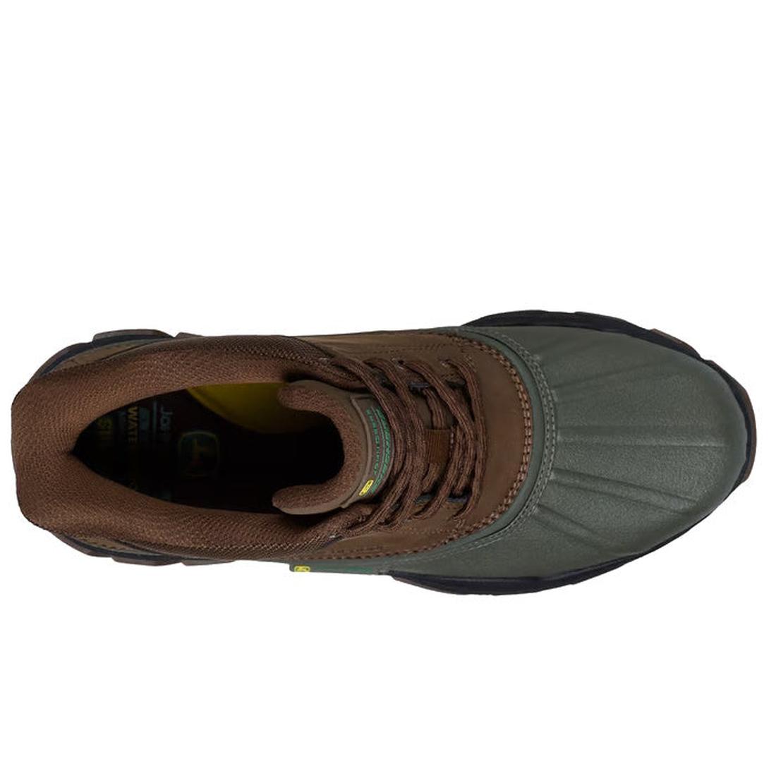 Top view of Skechers John Deere Waterproof Respected Swamper Boots in olive brown with a textured, waterproof toe and black sole. Inspired by classic duck boots, this slip-in style is built for rugged outdoor or work wear., 50410, 198376036836, 1983760368
