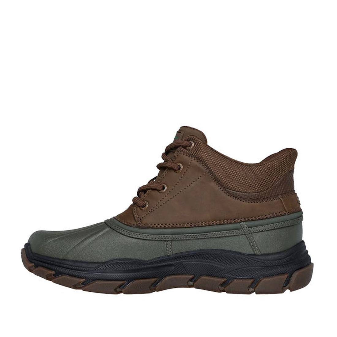 The Skechers John Deere Waterproof Respected Swamper Boots in olive brown feature a rugged black and brown sole, slip-in design, lace-up front, and textured upper panel, shown in left profile against a white background., 50410, 198376036836, 198376036850,