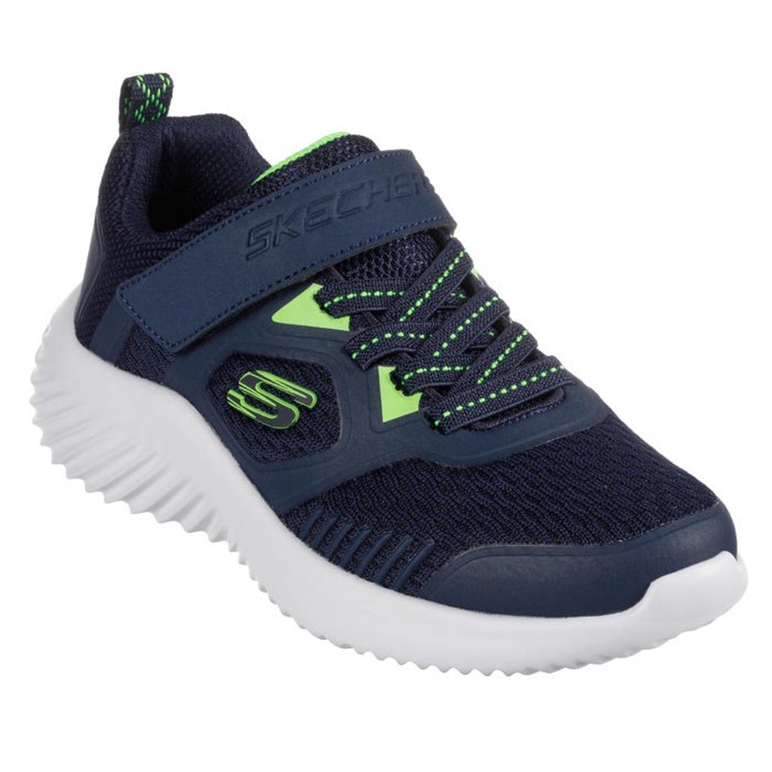 Skechers Kids Bounder Voltvor Navy Lime Trainer—easy slip-on sneakers with faux laces, Velcro strap, white sole and comfy Memory Foam.  ksnz