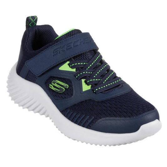 Skechers Kids Bounder Voltvor Navy Lime Trainer—easy slip-on sneakers with faux laces, Velcro strap, white sole and comfy Memory Foam.  ksnz