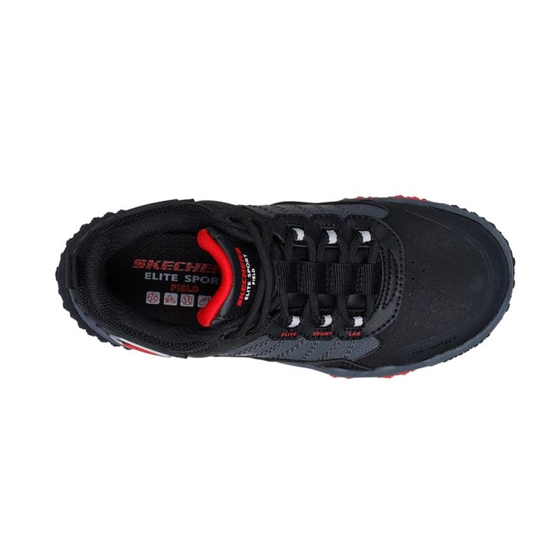 Top view of Skechers Boys Elite Sport Field Black Grey w/ Mini Sprigs, featuring red accents, black laces, rugged sole, cushioned comfort insole, and visible Skechers branding on the insole and tongue., 44806, 44807, 197976264229, 197976264243, 1979762642