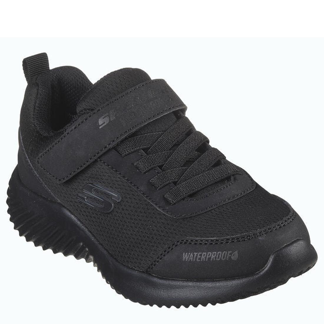 The Skechers Kids Bounder Dripper Drop Trainer Black School Shoe is waterproof with a textured sole, mesh and synthetic upper, elastic laces, hook-and-loop strap, cushioned insole, and S branding—ideal sneakers for active kids.