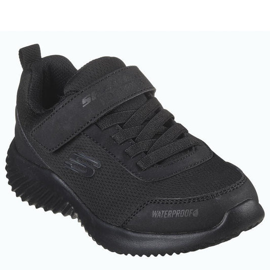 The Skechers Kids Bounder Dripper Drop Trainer Black School Shoe is waterproof with a textured sole, mesh and synthetic upper, elastic laces, hook-and-loop strap, cushioned insole, and S branding—ideal sneakers for active kids.