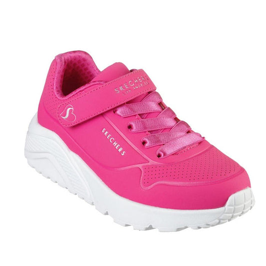 Skechers Kids Uno Lite Hot Pink Hook & Loop Trainer: cheerful pink sneaker with easy Velcro closure, white sole, soft memory foam.  ksnz