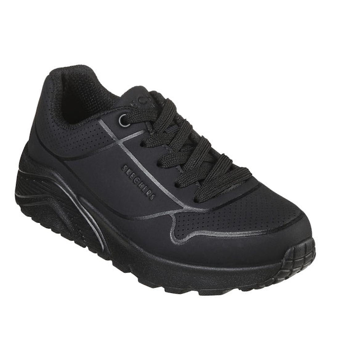 Skechers Kids Uno Lite Delodox Black sneaker: a stylish, comfy black shoe with sturdy soles, breathable details, and easy black laces.  ksnz
