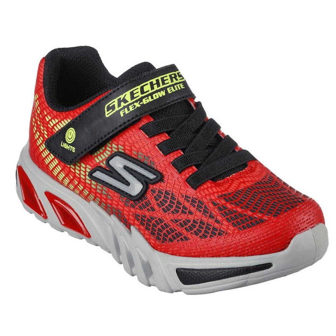 Skechers Boys Light Ups S Lights Flex Glow Elite Vorlo: comfy mesh sneakers in red/black, Velcro closure, light-up midsole, cushioned sole.  ksnz